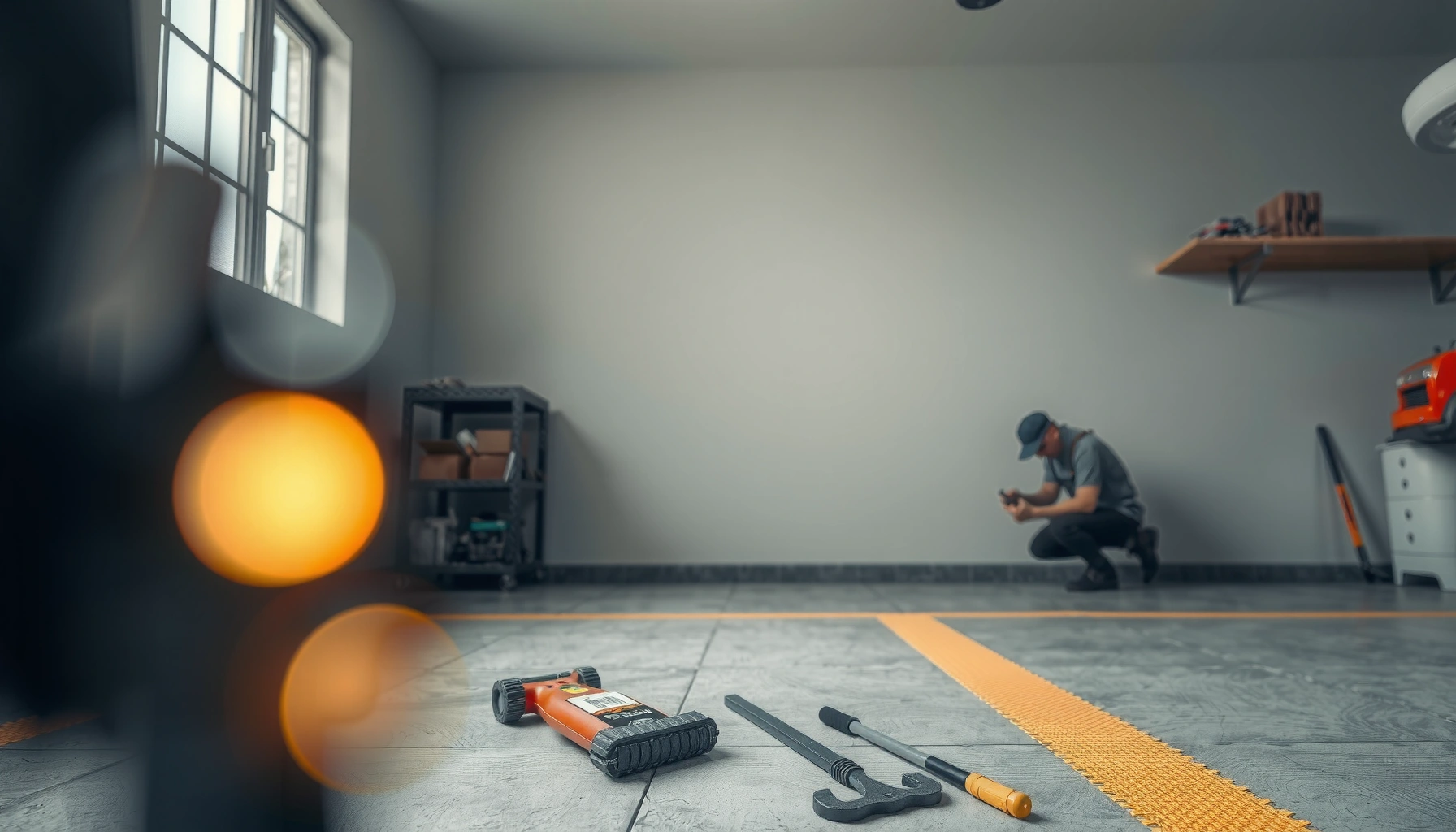 Step-by-step guide on how to install garage floors without professional help, showcasing tools and materials.