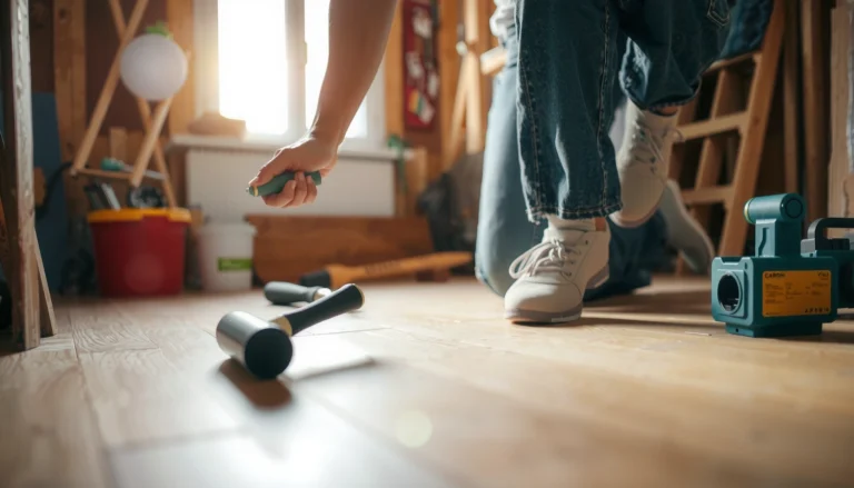 A person installing hardwood floors in a home, showcasing the DIY process without professional help.