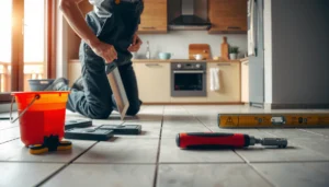 Step-by-step guide to installing kitchen floors without professional help, showcasing essential tools and materials.