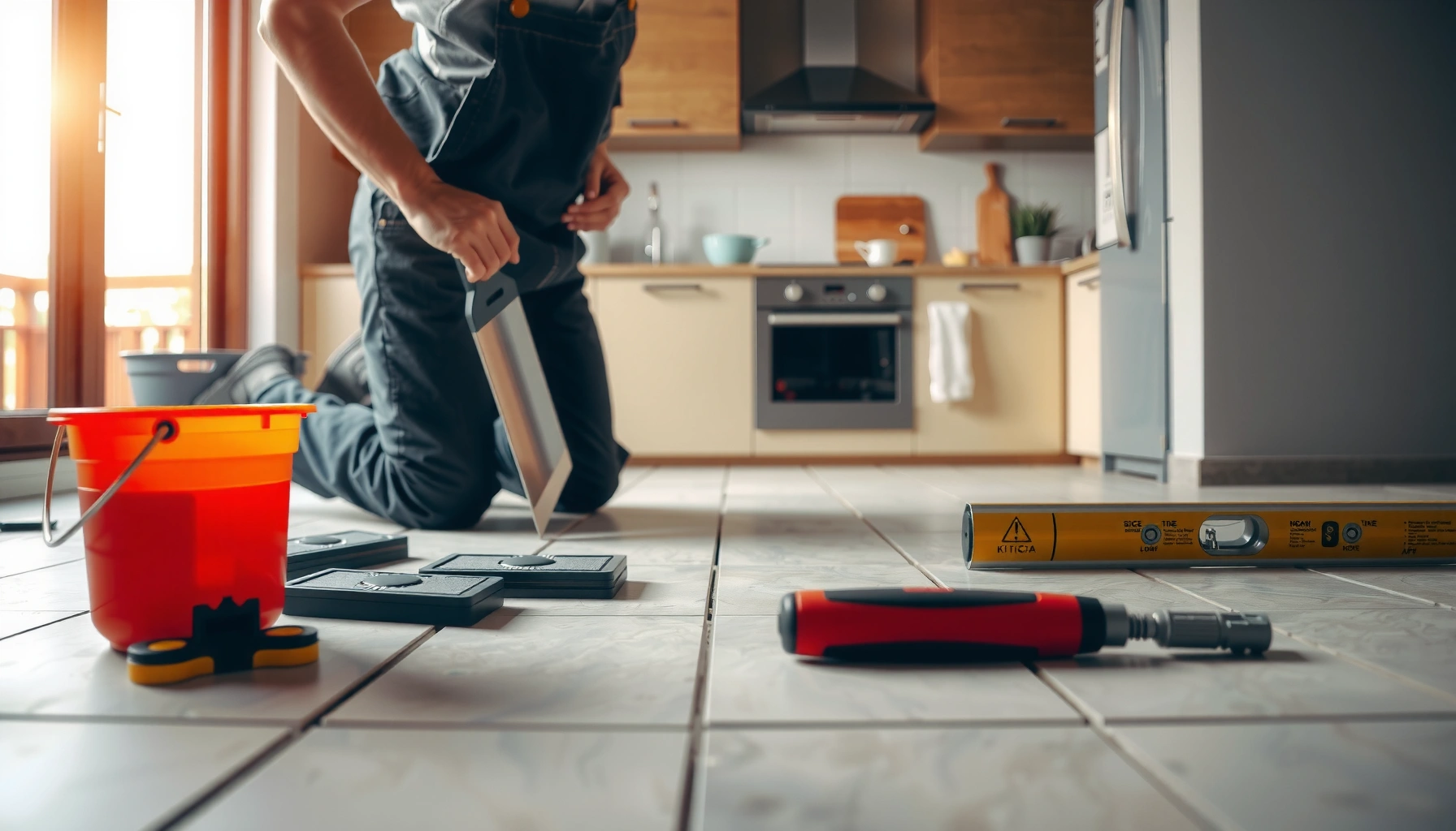 Step-by-step guide to installing kitchen floors without professional help, showcasing essential tools and materials.