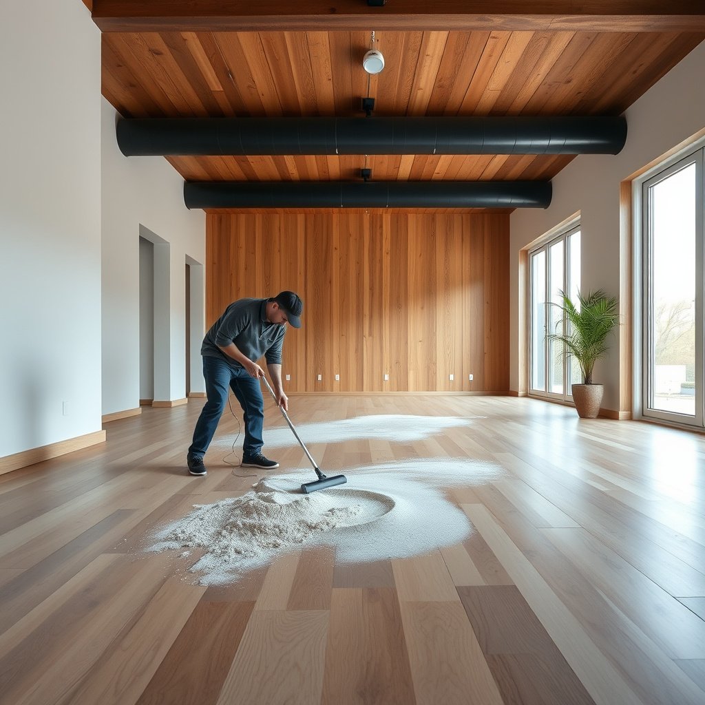 A person using a dust mop to remove dust from hardwood floors without grinding grit.