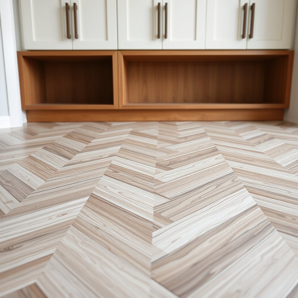 Dry-fitting and marking the first chevron lines for cabinet flooring installation.