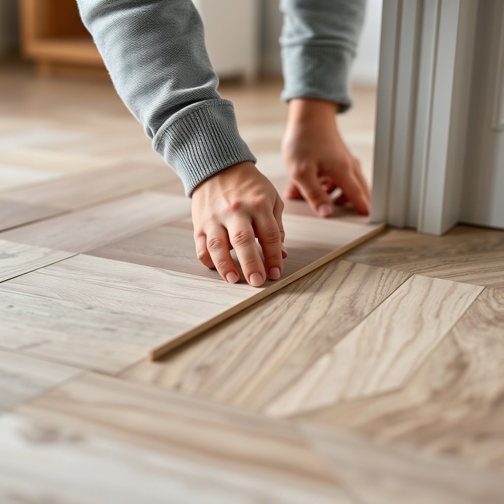 Dry-fitting herringbone floor pieces and marking cut lines for accurate pattern alignment