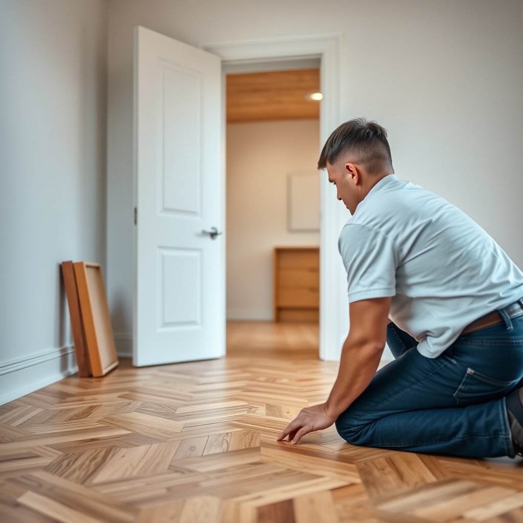 Dry-fitting and marking cut lines for parquet flooring installation around doors.