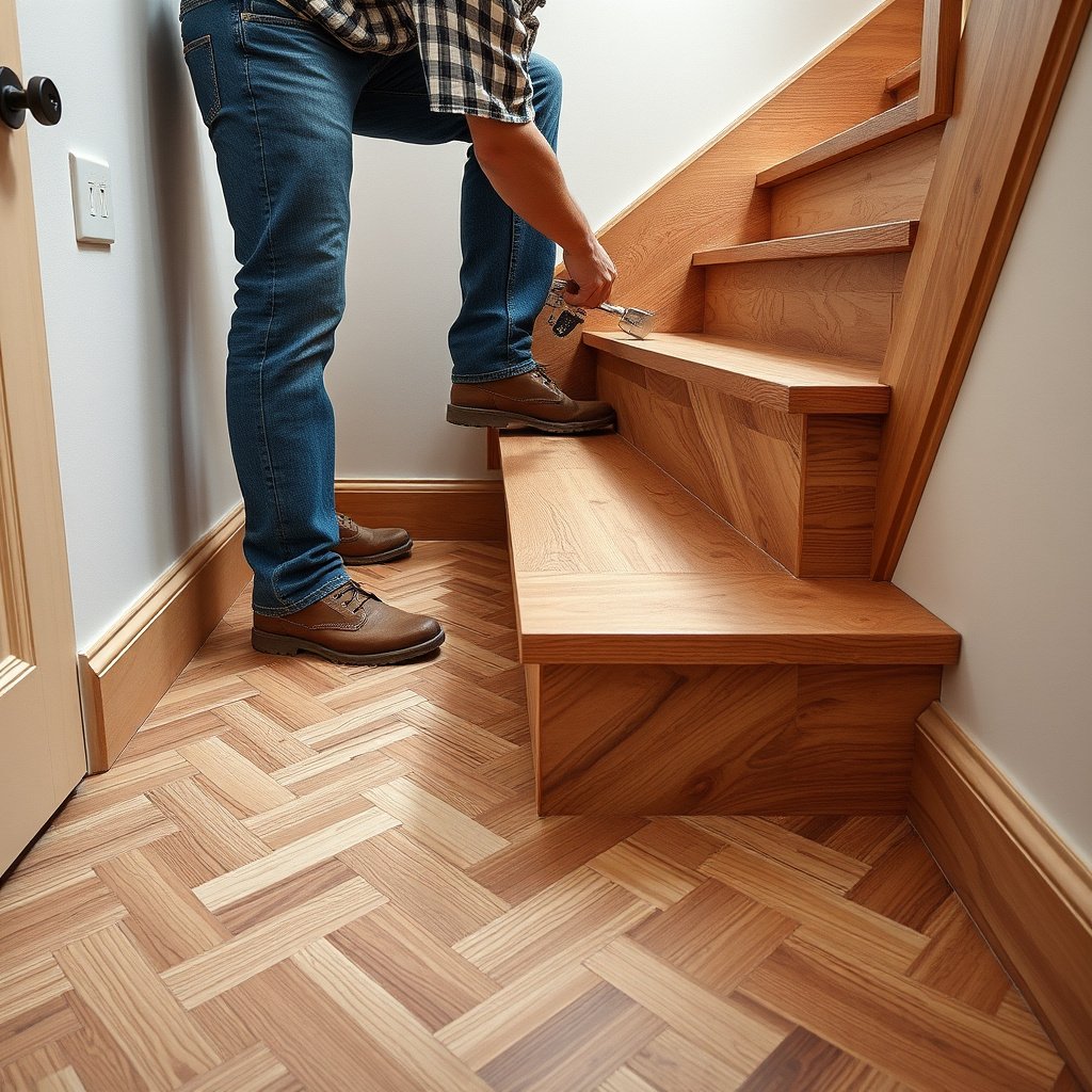 Dry-fit herringbone floor pattern on stairs with marked reference lines for installation.