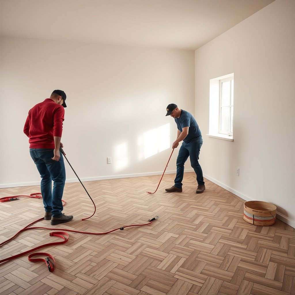 Dry-laying herringbone floor pattern over concrete before installation.