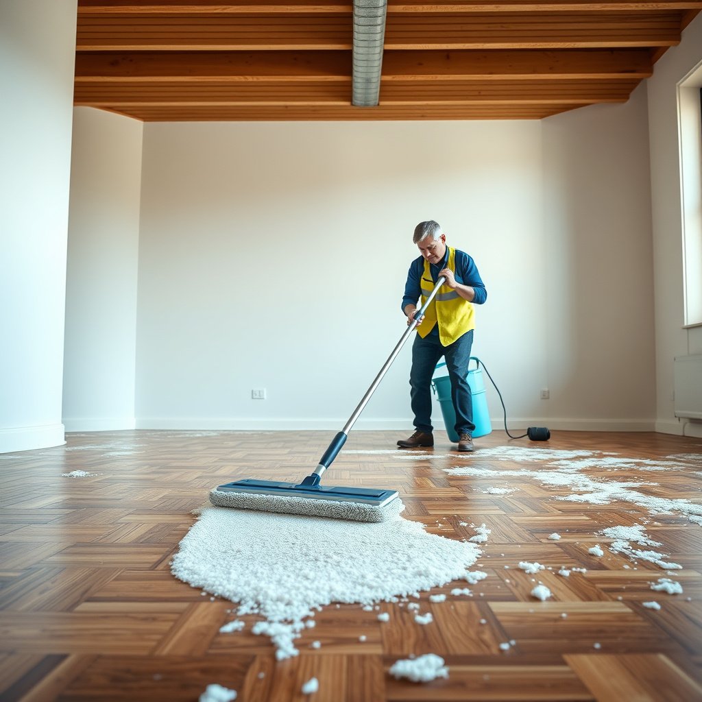 A clean parquet floor drying after mopping, showcasing the finish and final touches for maintenance.
