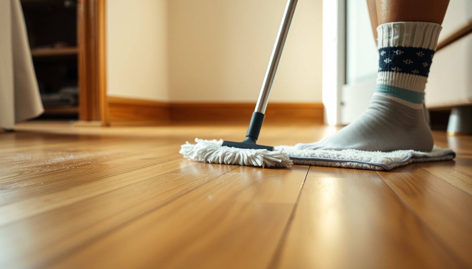 A person cleaning dust off hardwood floors using safe methods and tools.