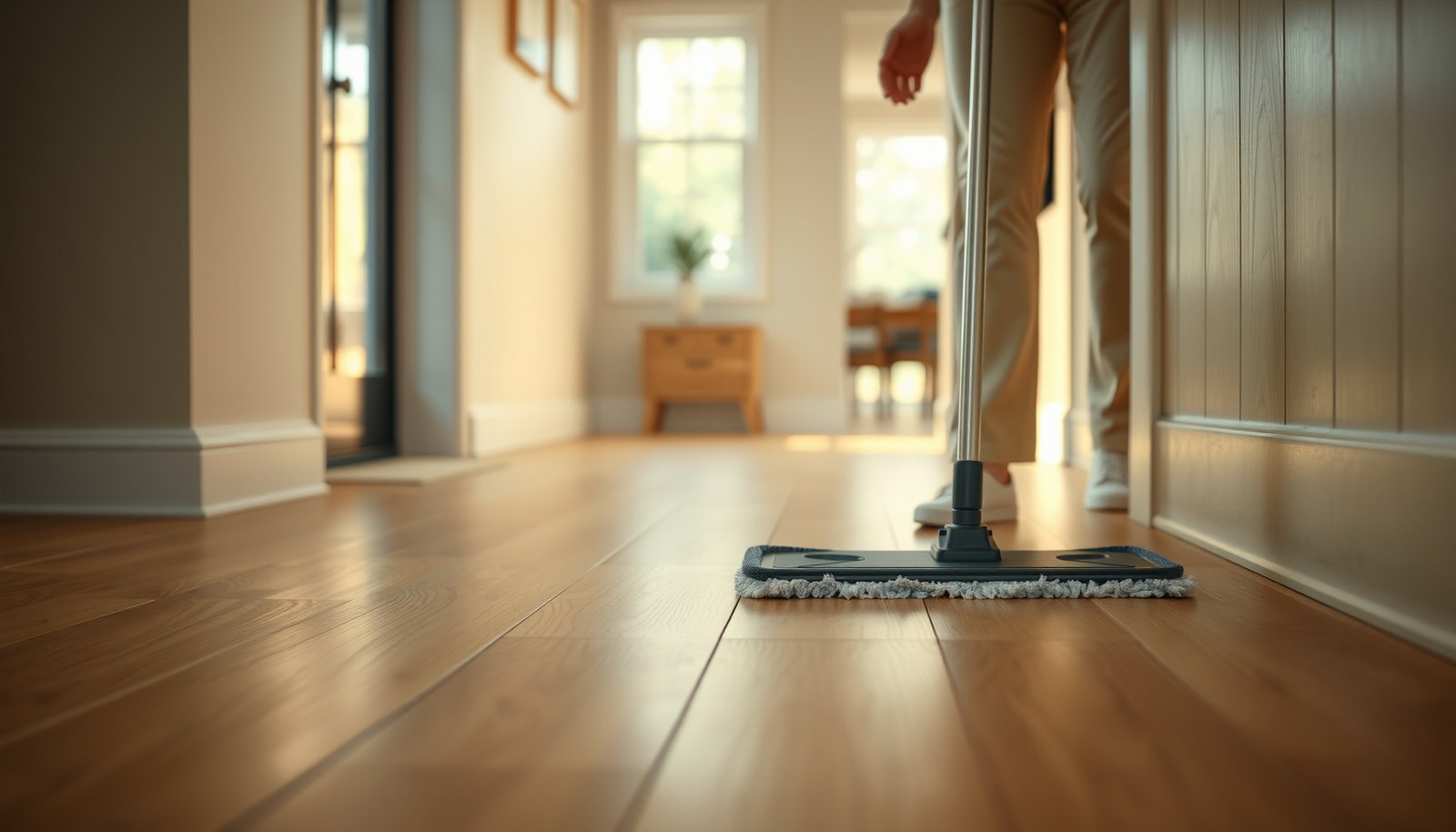 Guide on maintaining engineered wood floors in a hallway with cleaning tips and care advice.