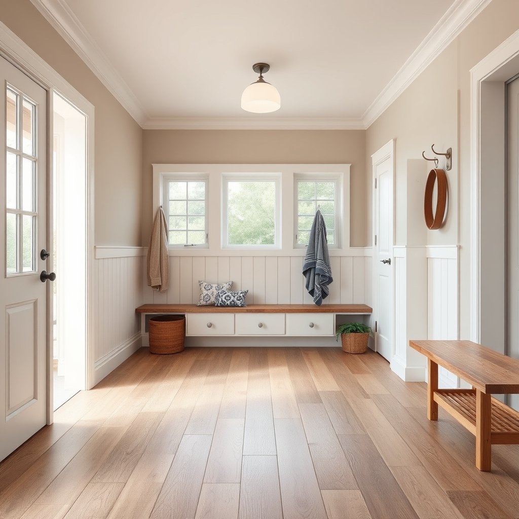 Entry mats placed inside and outside a mudroom to prevent grit and water on laminate floors