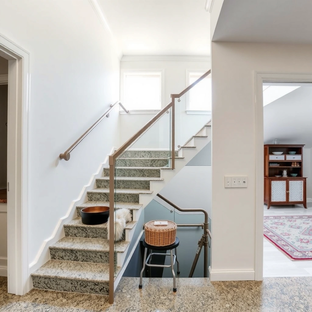 Tools and materials needed for installing granite floors on stairs, including adhesive and tiles.