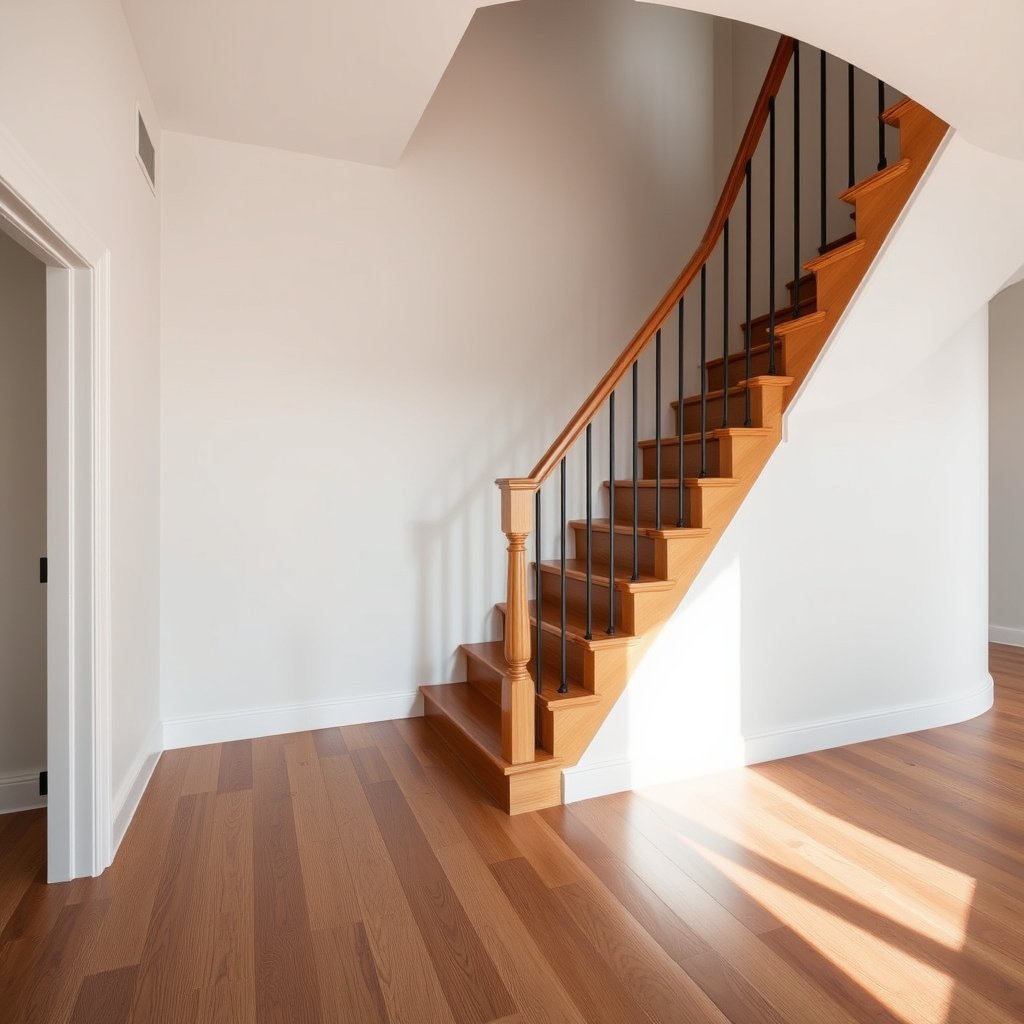 Tools and materials for installing transitions around hardwood floors in a staircase.