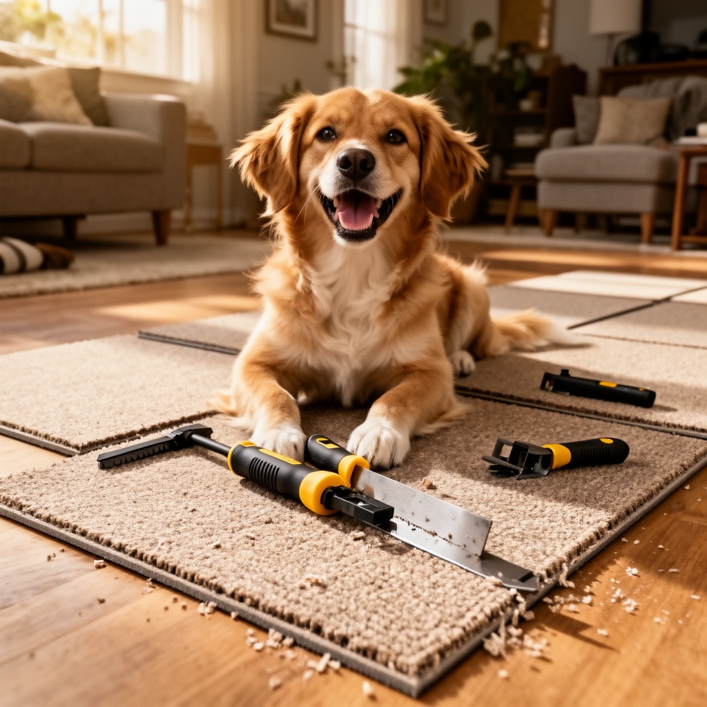 A collection of tools and materials needed for trimming carpet tiles, including a utility knife and measuring tape.