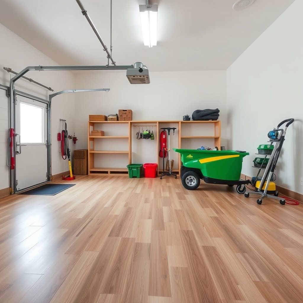 A collection of essential tools for cleaning laminate floors in a garage, including mops and cleaners.