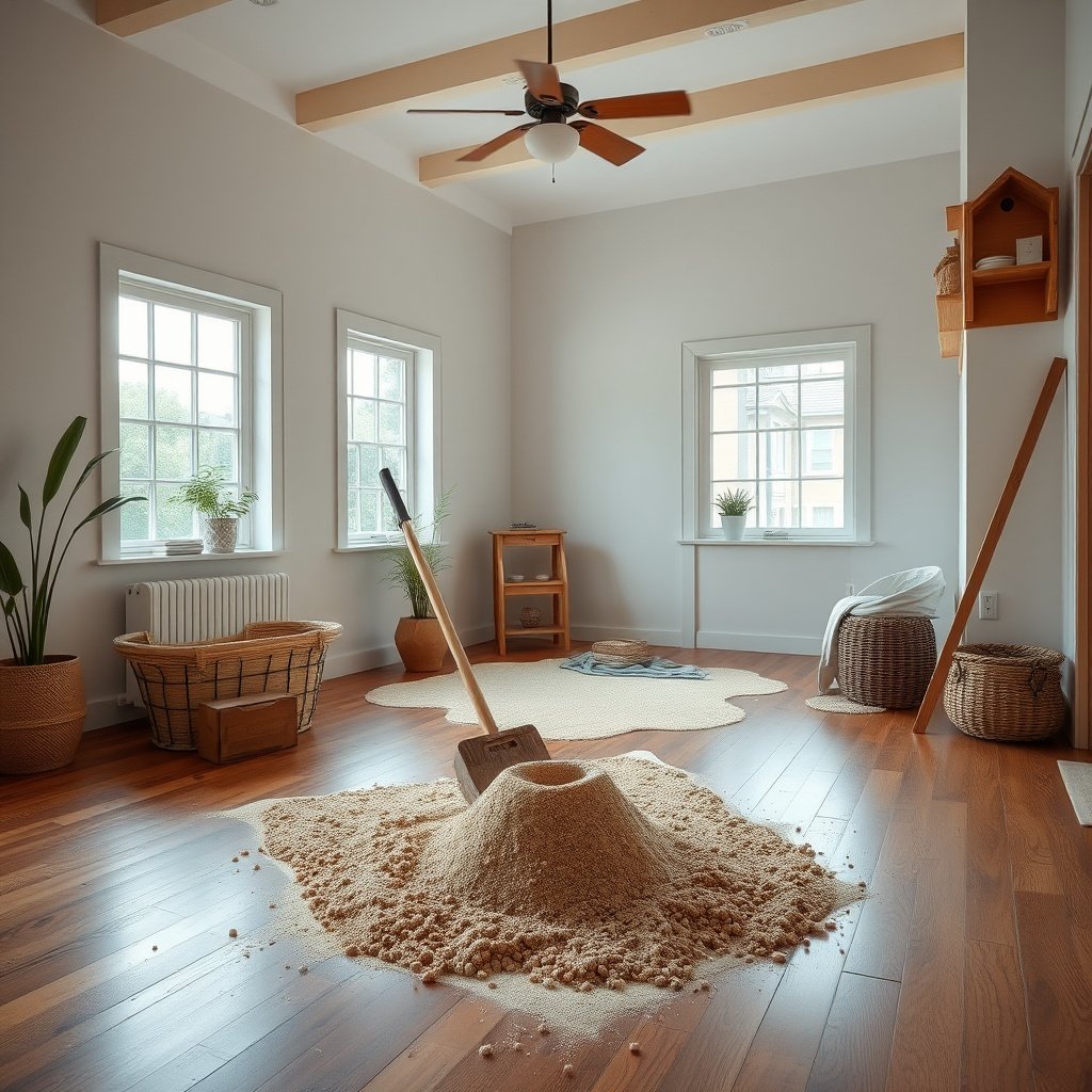 A collection of tools needed to safely clean sand from hardwood floors, including vacuum and microfiber cloths.