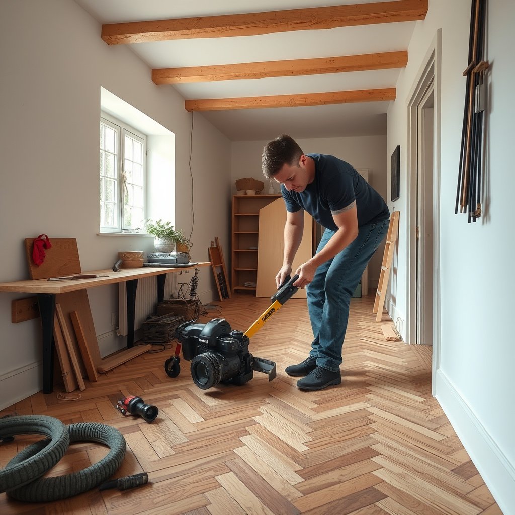 Tools, blade, and safety equipment for cutting herringbone floors.