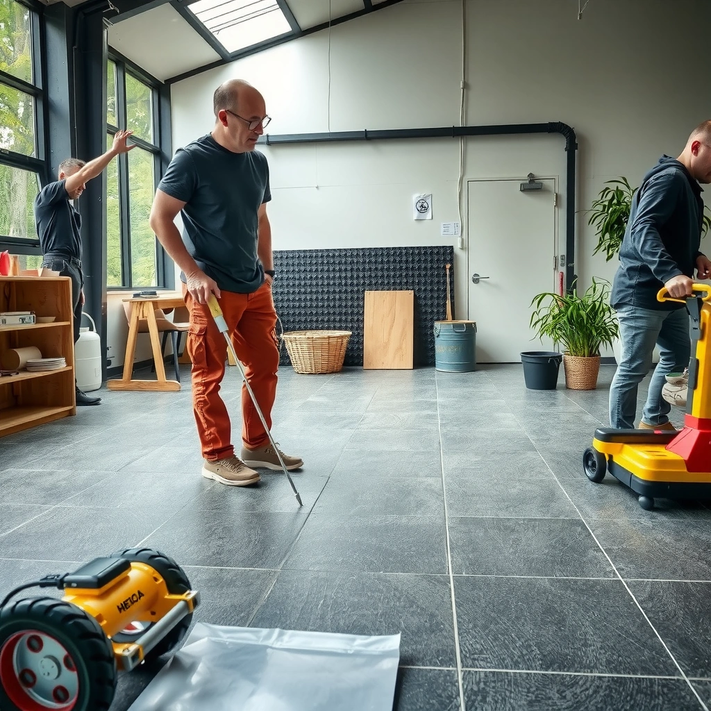 A selection of tools and materials needed for cutting rubber flooring, including a utility knife and measuring tape.