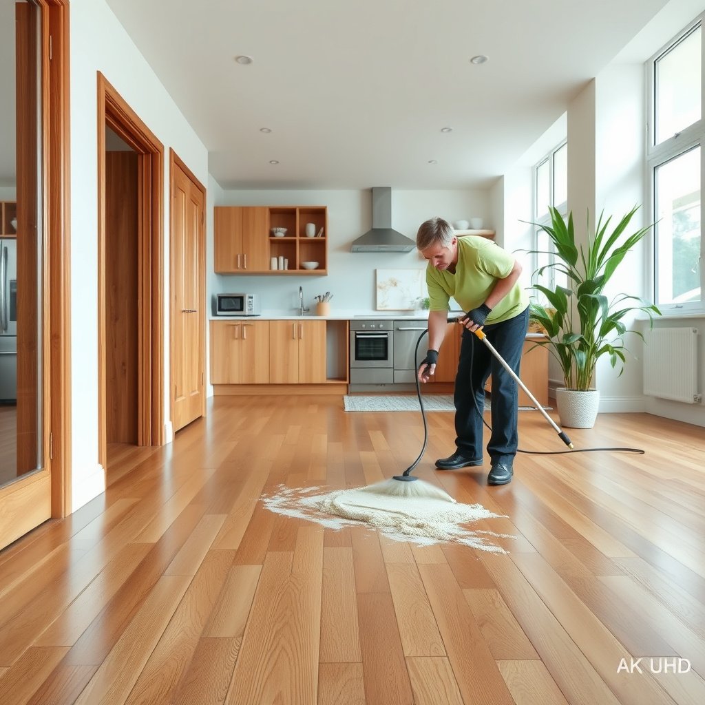 Gathering tools for deep cleaning hardwood floors, including mop, bucket, and cleaner.