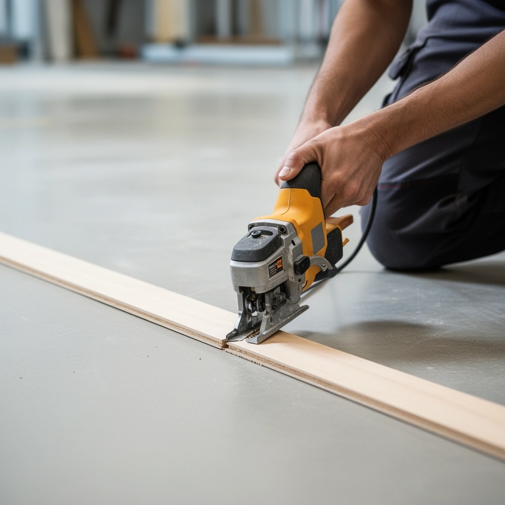 Tools and materials needed for trimming commercial floors, including saws, adhesives, and safety gear.