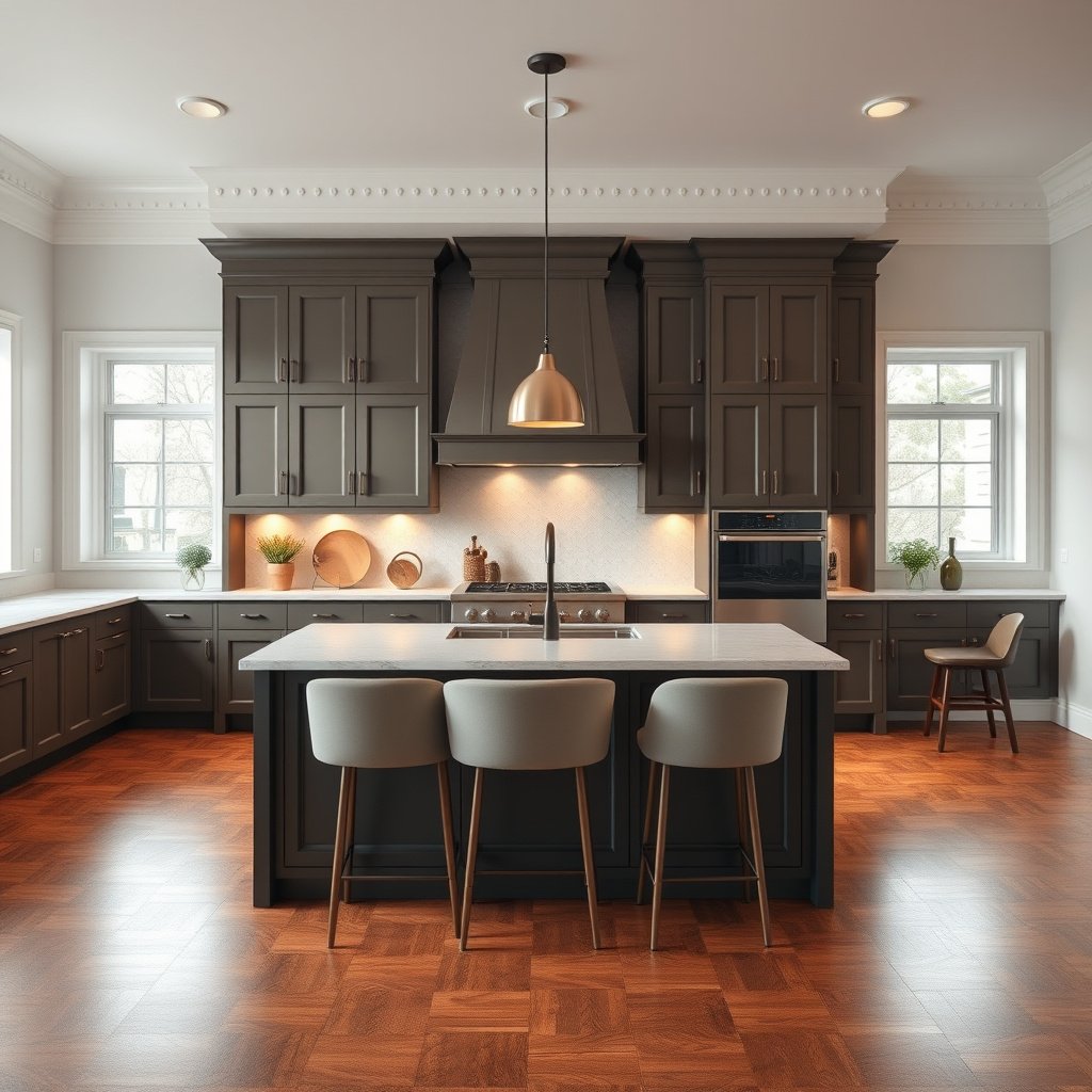 Tools needed for installing cabinets on parquet floors, including measuring tape and level.