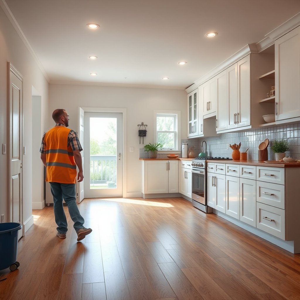 Gathering tools and materials for laminate floor installation in a kitchen.