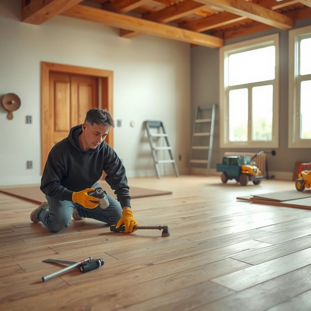 A collection of tools and materials needed for replacing laminate floors, including a saw, hammer, and flooring planks.