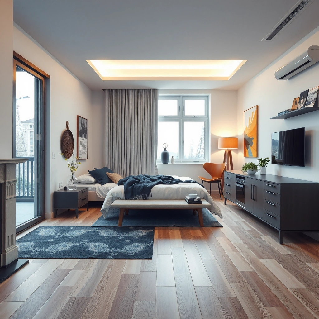 A collection of tools and materials needed for installing laminate floors in a bedroom