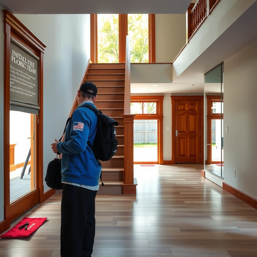 Tools needed for installing LVT floors around stairs, including measuring tape and utility knife.