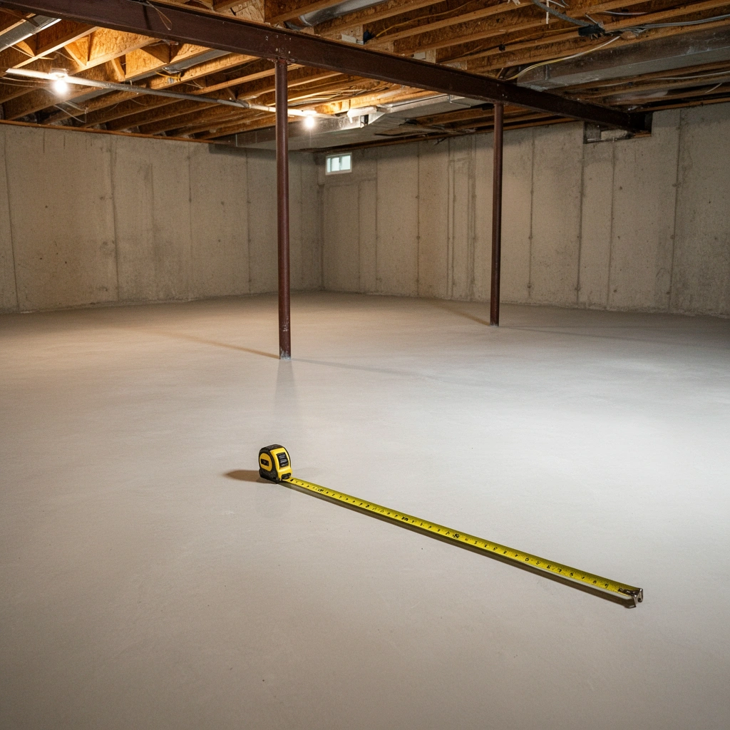 Tools and prepared space for measuring basement floors in a home renovation project.