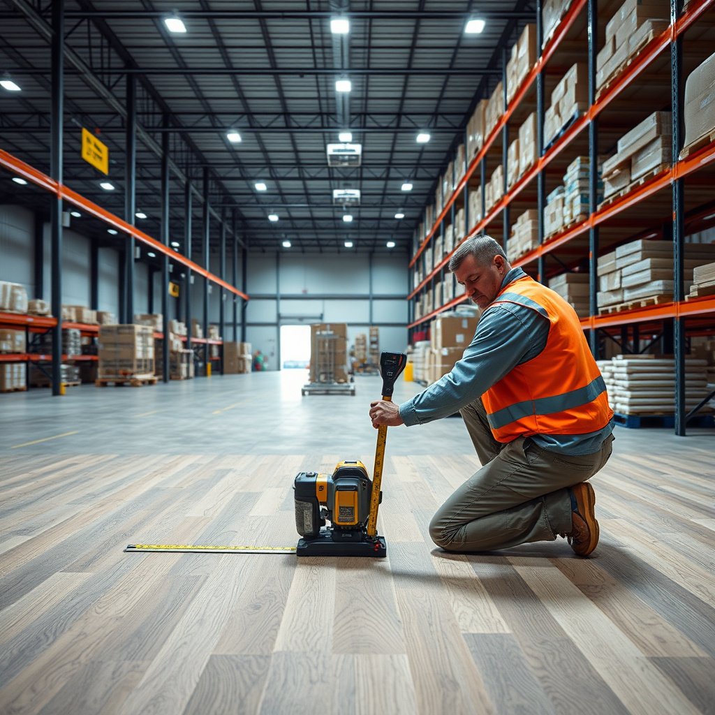 Tools and preparation needed for measuring laminate floors in a warehouse setting.