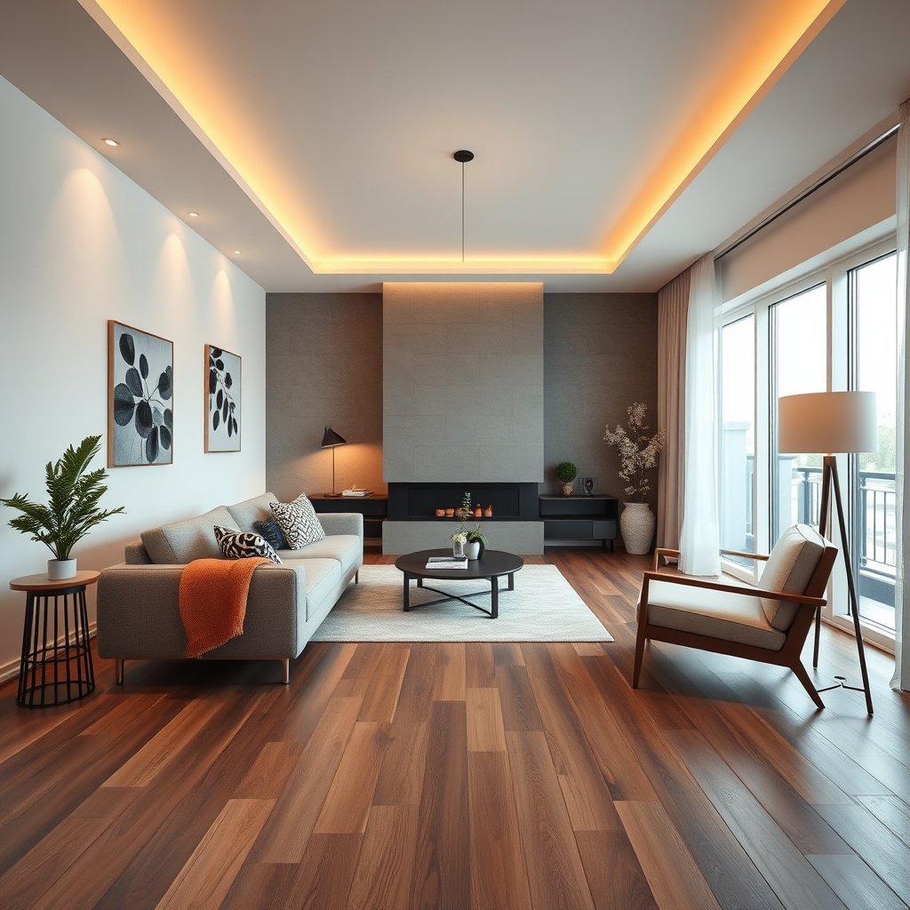 Tools and materials needed for measuring vinyl floors in a living room