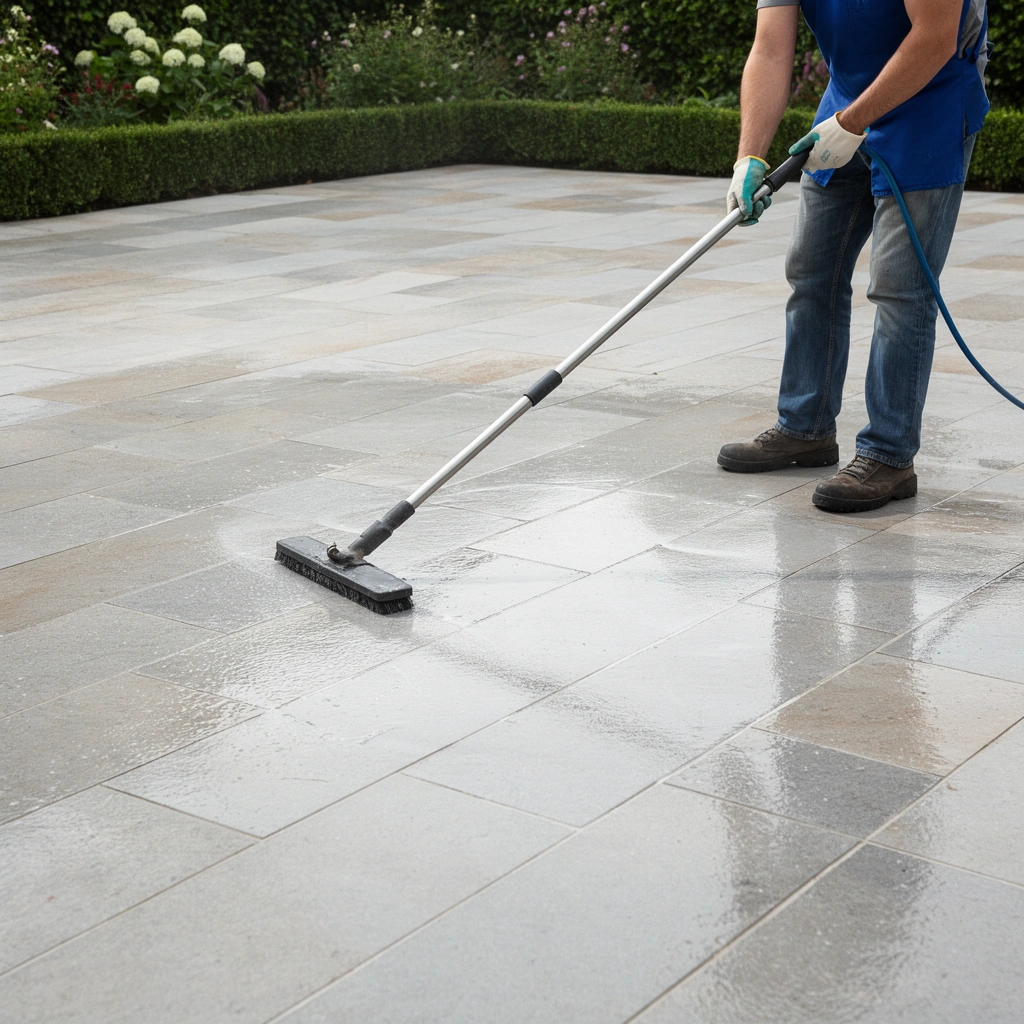 A selection of cleaning tools and outdoor floor cleaners for deep cleaning