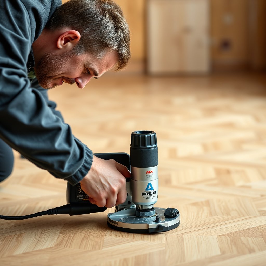 A collection of tools and materials needed for trimming parquet floors, including saws and measuring tape.