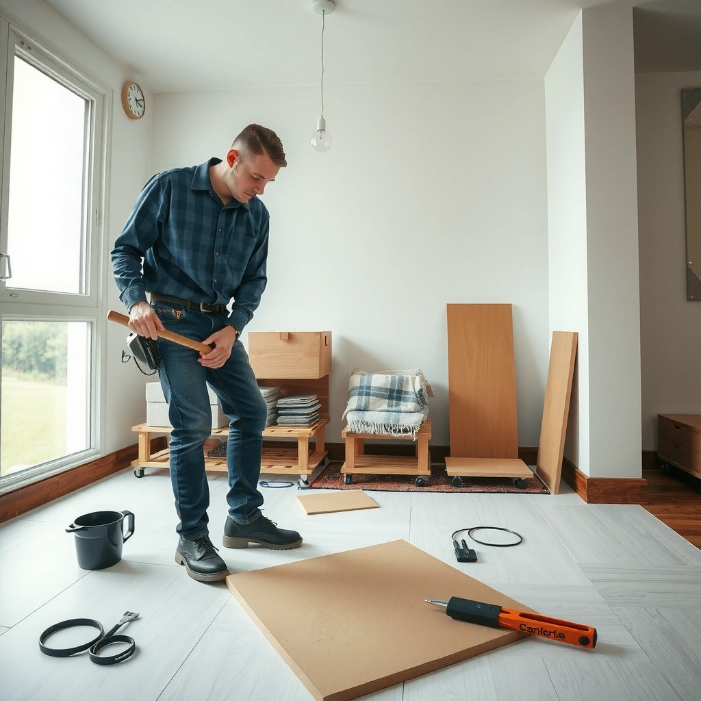 A collection of tools and materials needed for installing ceramic tile floors.