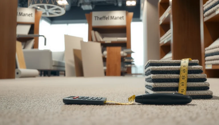 A person calculating the cost of carpet tiles with a calculator and measuring tape.
