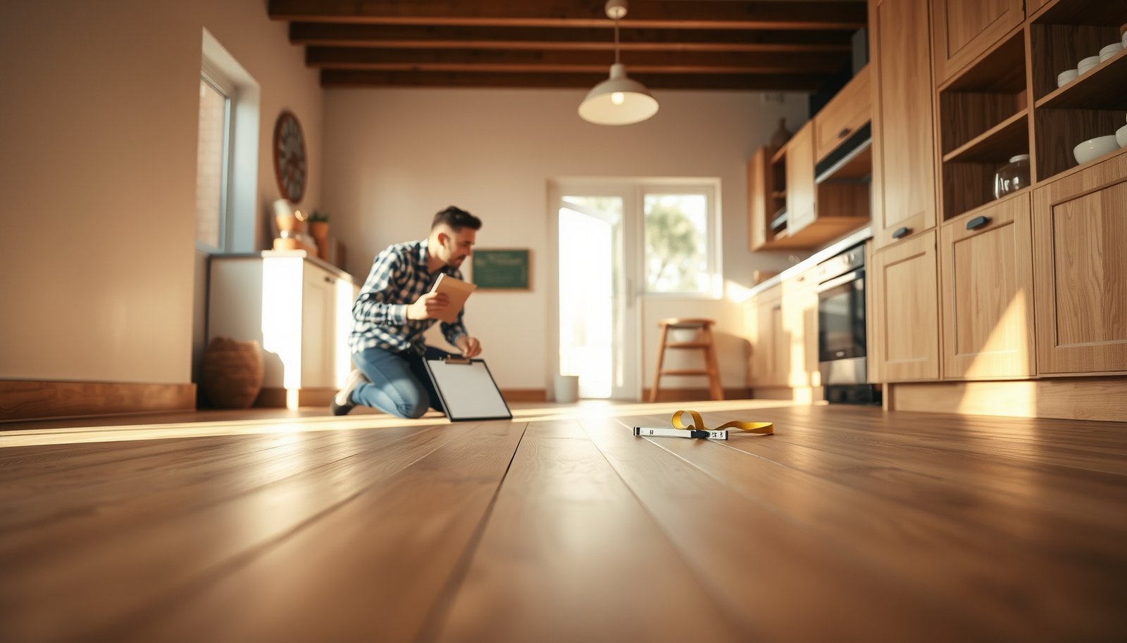 A kitchen with engineered wood floors, showcasing cost estimation for flooring options.