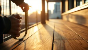 A balcony featuring engineered wood floors, illustrating cost estimation for flooring projects.