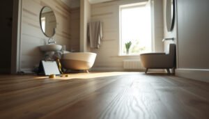 A bathroom featuring engineered wood floors, showcasing cost estimation for flooring options.