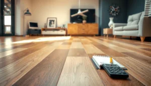 A calculator and wood samples illustrating how to estimate the cost of engineered wood floors.