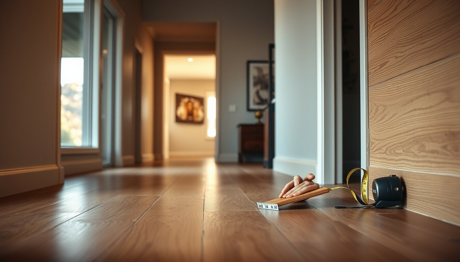 A hallway showcasing engineered wood floors with a cost estimation guide.