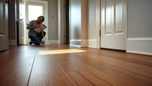 A mudroom showcasing engineered wood floors with cost estimation details.