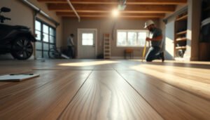 Cost estimation for engineered wood floors in a garage setting with tools and materials.