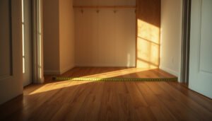 Image illustrating how to estimate the cost of hardwood floors in a closet, featuring tools and materials.