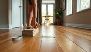 A calculator and hardwood floor samples used for estimating flooring costs in an apartment.