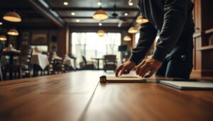 A calculator and hardwood samples for estimating restaurant flooring costs.