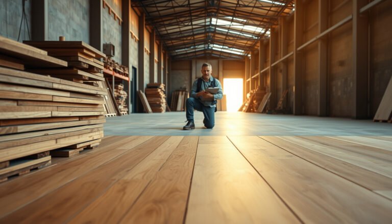 A professional estimating the cost of hardwood floors in a warehouse setting.