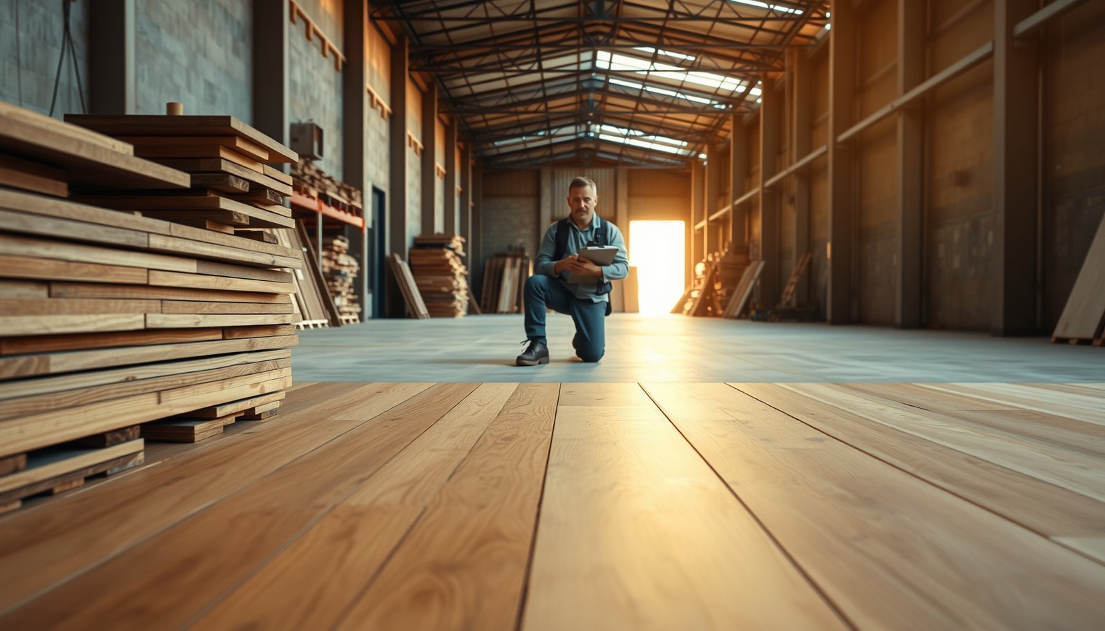 A professional estimating the cost of hardwood floors in a warehouse setting.