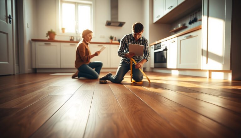 A kitchen with hardwood floors, showcasing the beauty and cost factors of hardwood flooring installation.