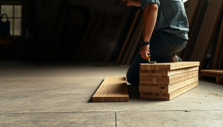 A workshop scene showing tools and hardwood flooring samples for cost estimation