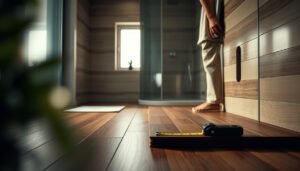 A calculator and hardwood samples on a bathroom floor, illustrating cost estimation for hardwood flooring.